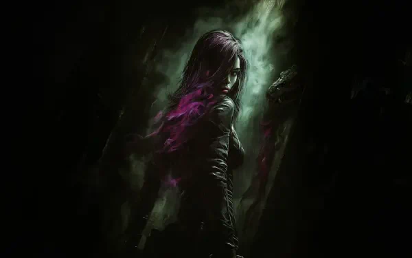 HD PC desktop wallpaper: Dark Gaming video game Code Violet — lone hooded figure shrouded in green and violet mist.