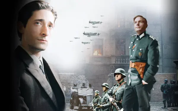 The Pianist — 4K Ultra HD PC desktop wallpaper and background: somber wartime collage of a reflective pianist in a suit, uniformed soldiers, armored vehicles and low-flying planes.