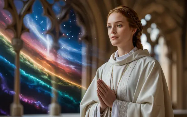Cleric in white robes praying inside a stone cathedral, colorful cosmic aurora streaming through an arched window — 4K Ultra HD PC desktop wallpaper and background.
