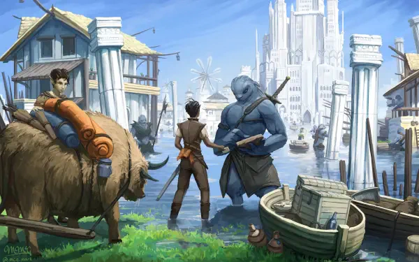 HD PC desktop wallpaper: medieval fantasy city waterfront with white spires; three fantasy RPG characters — a traveler, a blue-armored warrior and a pack beast — readying boats.