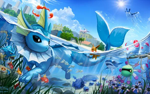 4K Ultra HD PC desktop wallpaper: vibrant underwater Pokémon scene with Vaporeon, Tentacool, Cradily and Sharpedo near a sunlit beach, colorful coral, fish and bubbles.