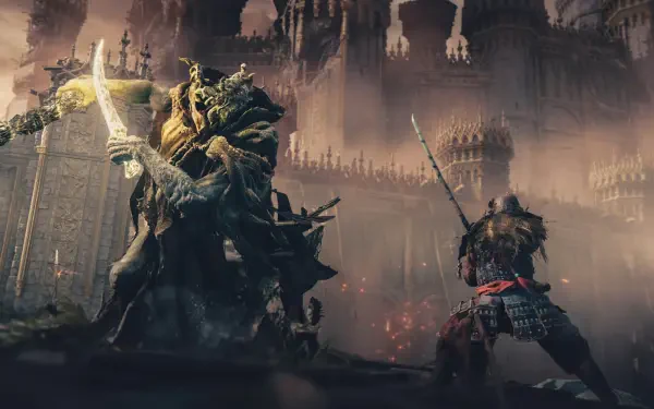 Elden Ring boss Godrick the Grafted looms over a lone Tarnished warrior amid a ruined castle, rendered as a dramatic 4K Ultra HD PC desktop wallpaper background.