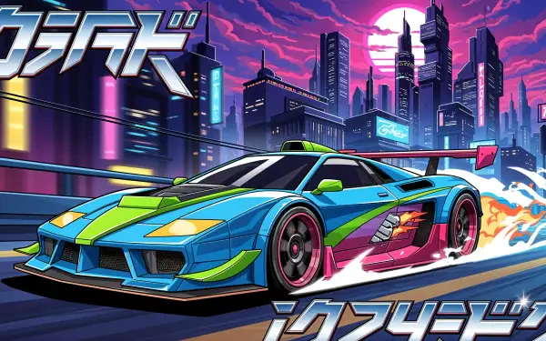 Vibrant anime car racing through a neon cyberpunk city at night, stylized 4K Ultra HD PC desktop wallpaper and background with glowing skyline and motion blur.