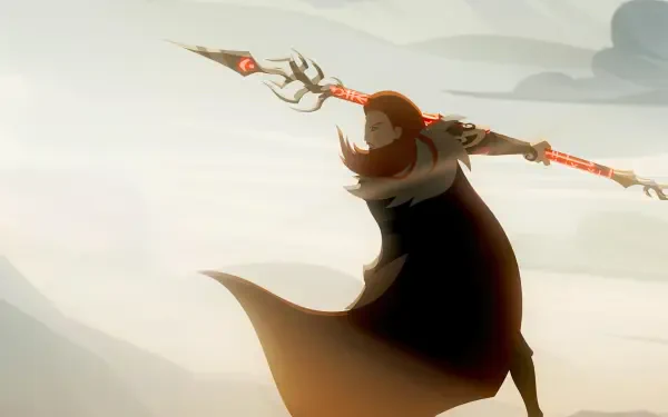 Twilight of the Gods — 2K Quad HD PC desktop wallpaper/background of a cloaked warrior brandishing a glowing spear atop windswept, misty mountains at dawn.