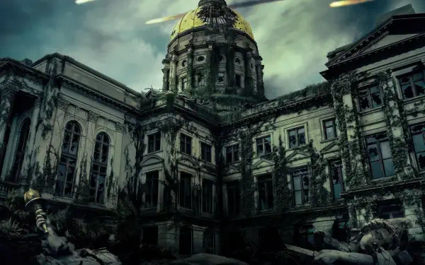 Greenland 2: Migration — 5K Ultra HD PC desktop wallpaper of a crumbling neoclassical domed building under a stormy green sky, scattered rubble and migrating birds.