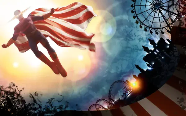 4K Ultra HD PC desktop wallpaper: The Boys (2019) scene of a caped superhero draped in an American flag soaring over a sunlit carnival with Ferris wheel and roller coaster.