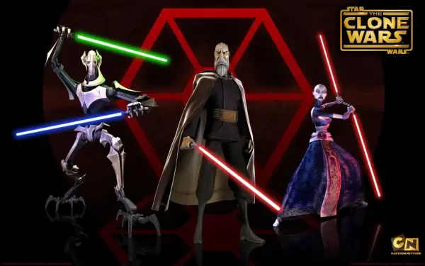 Star Wars: The Clone Wars (2008) HD PC desktop wallpaper: Count Dooku between General Grievous and Asajj Ventress, lightsabers drawn before a red hex emblem and Clone Wars logo.