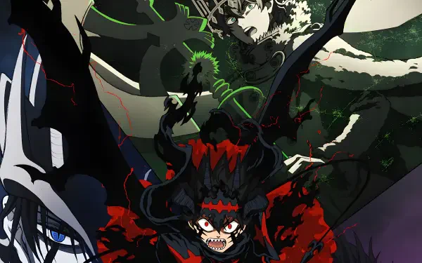 4K Ultra HD PC desktop wallpaper of Black Clover anime featuring Asta in demonic form center, Nacht looming above and Yuno at left amid dark, swirling magic and red-black energy.