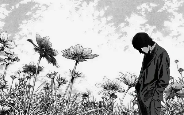 Monochrome manga homunculus HD PC desktop wallpaper/background: a lone figure with bowed head stands amid tall flowers beneath a wide, cloudy sky.