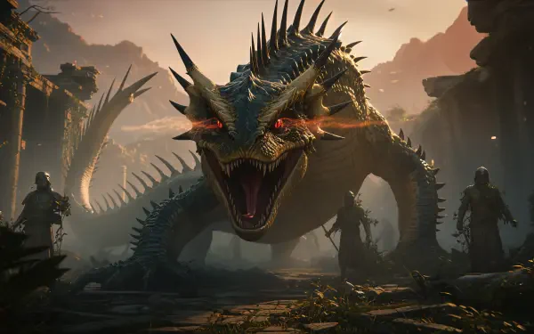 4K Ultra HD PC desktop wallpaper: a colossal spiked basilisk roars amid ruined stone, glowing eyes and open maw, silhouetted warriors in foreground under dramatic sunset lighting.