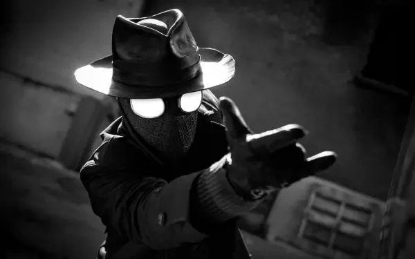Black-and-white Spider-Man Noir in fedora and trench coat, reaching toward viewer — moody 5K Ultra HD PC desktop wallpaper/background.