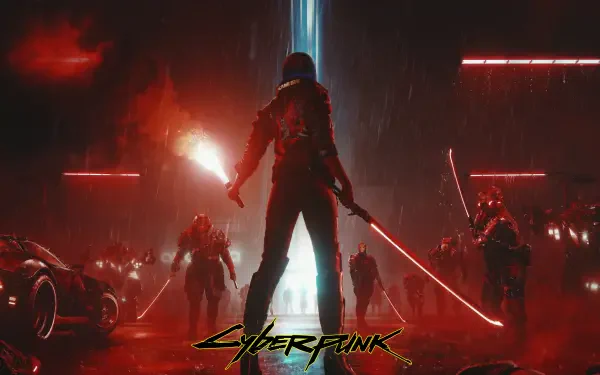 5K Ultra HD Cyberpunk 2077 PC wallpaper: red-lit sci-fi battle, a lone katana-wielding figure stands in neon rain facing armed foes.