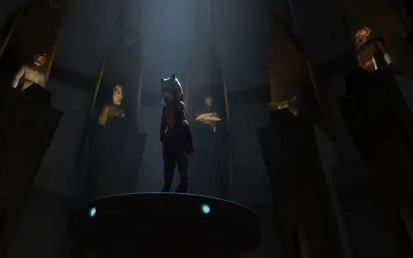 Shadowy Jedi figure stands on a pedestal in a dim council hall, Star Wars: The Clone Wars (2008) — 4K Ultra HD PC desktop wallpaper and background.