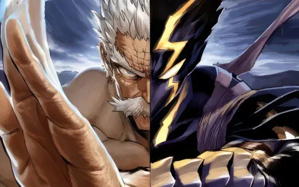 4K Ultra HD One-Punch Man PC desktop wallpaper: split close-up of Silver Fang (Bang) and a dark, armored monstrous adversary against a stormy sky backdrop.