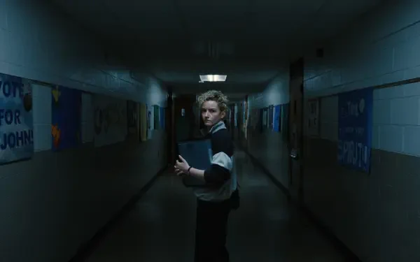 4K Ultra HD PC desktop wallpaper: lone figure in a dim school hallway clutching a weapon, moody blue-green lighting and a distant fluorescent glow.