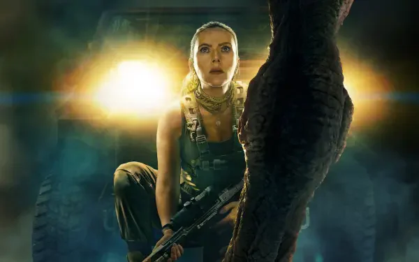 Jurassic World Rebirth 4K Ultra HD PC desktop wallpaper and background: armed woman crouches with a rifle before a towering dinosaur leg, dramatic backlighting and tense cinematic atmosphere.