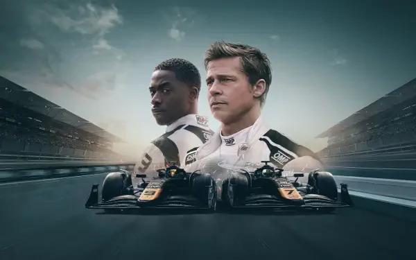 F1 (2025) 4K Ultra HD PC desktop wallpaper: cinematic poster of two race drivers back-to-back above twin Formula 1 cars speeding down a stormy racetrack.