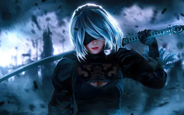4K Ultra HD PC wallpaper of YoRHa No.2 Type B (2B) from NieR: Automata — blindfolded android in black combat dress holding a katana before a ruined, stormy futuristic city.