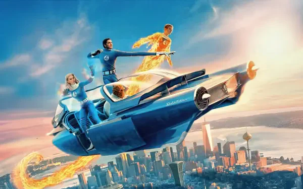 The Fantastic Four: First Steps — 4K Ultra HD PC desktop wallpaper depicting the team on a sleek flying vehicle over a sunlit city, Human Torch aflame and Reed stretching.