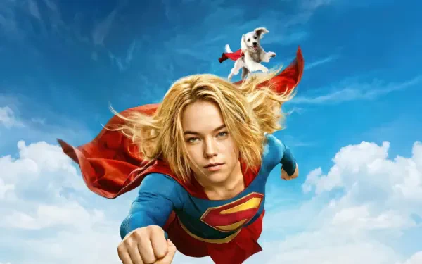 Supergirl (2026) flying toward viewer above bright clouds, red cape billowing — 4K Ultra HD PC desktop wallpaper/background.