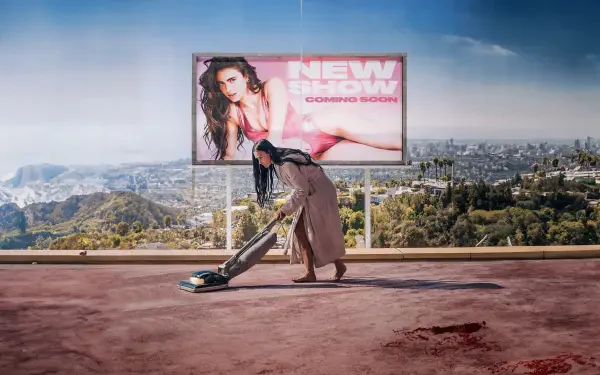 The Substance — 4K Ultra HD PC desktop wallpaper and background: a person vacuuming a rooftop beside a glamorous billboard, with a sprawling city skyline and distant mountains.