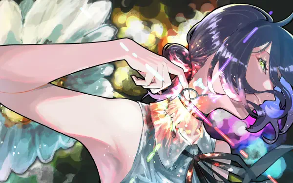 Chainsaw Man 8K Ultra HD PC desktop wallpaper/background: anime close-up of a purple‑haired character tugging at a glowing neck ornament, framed by colorful, floral bokeh lights.