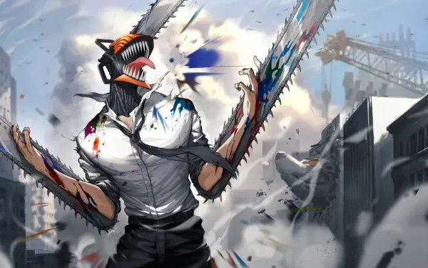 Chainsaw Man roaring with chainsaw head and arm blades, torn shirt and blood amid a crumbling cityscape — 8K Ultra HD PC desktop wallpaper and background.