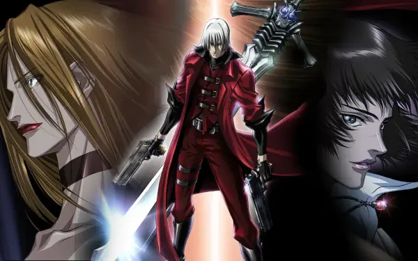 Devil May Cry (Anime) HD PC desktop wallpaper/background: red-coated demon hunter centered with pistols and sword, flanked by two shadowed faces and dramatic lighting.
