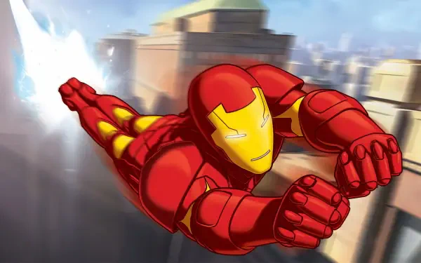 Iron Man: Armored Adventures — HD PC desktop wallpaper of Iron Man in red-and-gold armor flying over a blurred city skyline in a dynamic, forward-facing pose.