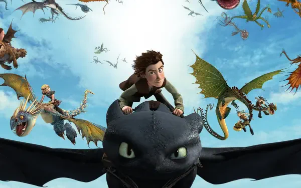 HD PC desktop wallpaper from Dragons: Riders of Berk — Hiccup riding Toothless at the forefront with other dragon riders soaring across a bright blue sky.