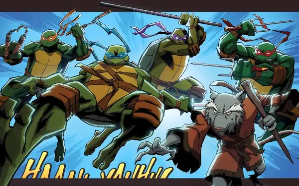Teenage Mutant Ninja Turtles (2003) 4K Ultra HD PC desktop wallpaper: the four turtles and Master Splinter leap toward the viewer against a bright blue sky in bold comic-style action.