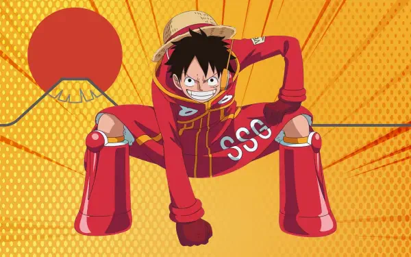 One Piece 4K Ultra HD PC desktop wallpaper — Monkey D. Luffy in his straw hat and red SSG outfit crouches before a stylized sun and Mount Fuji–inspired yellow halftone backdrop.