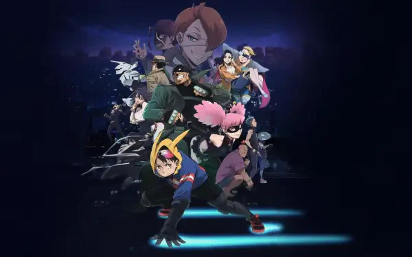 My Hero Academia: Vigilantes 4K Ultra HD PC desktop wallpaper showing a dynamic group of vigilante heroes in action poses over a neon-lit city night background.