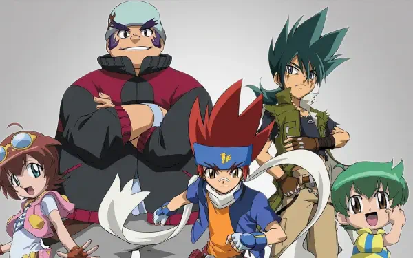 HD PC desktop wallpaper of Beyblade: Metal Fusion — five main characters standing in a row, red‑haired protagonist front center with friends flanking him on a light gray background.