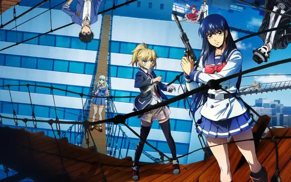 HD PC desktop wallpaper: anime high-rise scene with three schoolgirl-style characters on a ship deck against glass skyscraper reflections, one holding a rifle.