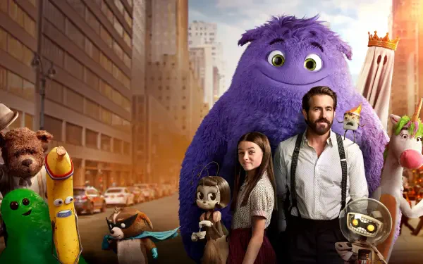 IF (2024) 4K Ultra HD PC desktop wallpaper: a bearded man and young girl stand with a giant purple monster and playful toylike creatures on a sunlit city street.