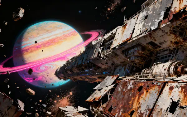 4K Ultra HD PC desktop wallpaper: derelict rusted starship and floating debris drifting past a vivid pastel ringed planet and scattered asteroids.