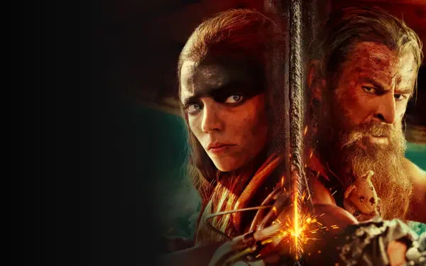 Furiosa: A Mad Max Saga 4K Ultra HD PC desktop wallpaper — war‑painted Furiosa and a bearded warrior back-to-back with a glowing sword between them.