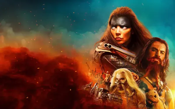 Furiosa: A Mad Max Saga 4K Ultra HD PC desktop wallpaper — Furiosa with black warpaint and scarred face, armored allies amid blazing red desert plumes and a turquoise sky.