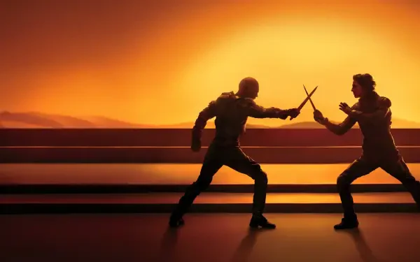 Two silhouetted figures clash blades against a glowing orange horizon — Dune: Part Two 4K Ultra HD PC desktop wallpaper and background.