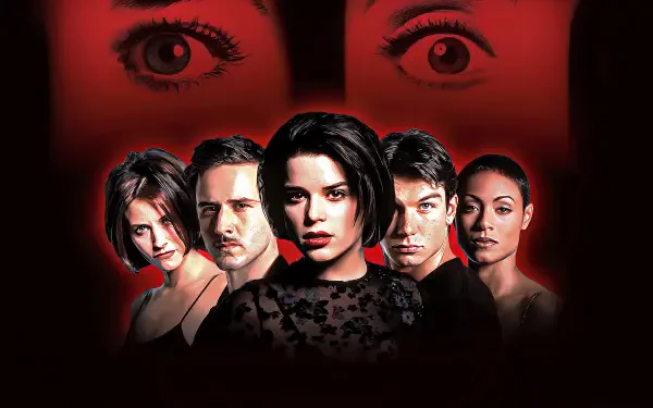 Scream 2 4K Ultra HD PC desktop wallpaper: five tense faces clustered in front of a red backdrop with large fearful eyes looming above, moody shadowed horror composition.