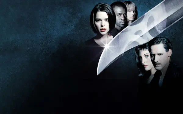 Scream 3 4K Ultra HD PC desktop wallpaper: gleaming knife blade foreground, shadowed faces clustered against a brooding dark background.
