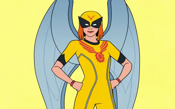 Birdgirl (TV show) in a bright yellow suit with blue wings, hands on hips and a confident smile — 4K Ultra HD PC desktop wallpaper and background.