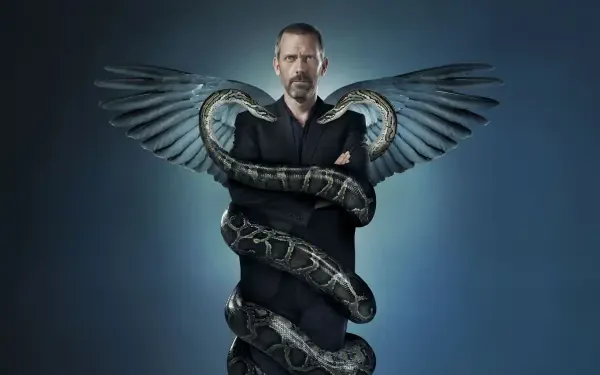 4K Ultra HD PC desktop wallpaper of Dr. House — brooding doctor with folded arms, wings and a giant snake coiled around him on a moody blue background.