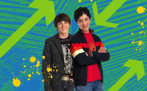 Two young men pose and smile in front of bold green arrows on a blue striped background with yellow paint splatters — 4K Ultra HD PC desktop wallpaper/background.