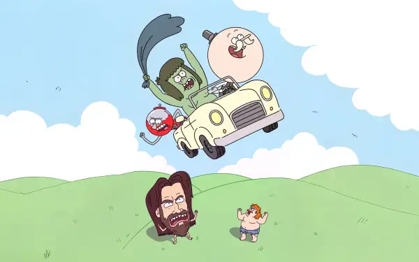 Regular Show 2K Quad HD PC desktop wallpaper and background: characters leap from a flying car over grassy hills as a bearded man and small child look up beneath a bright blue sky