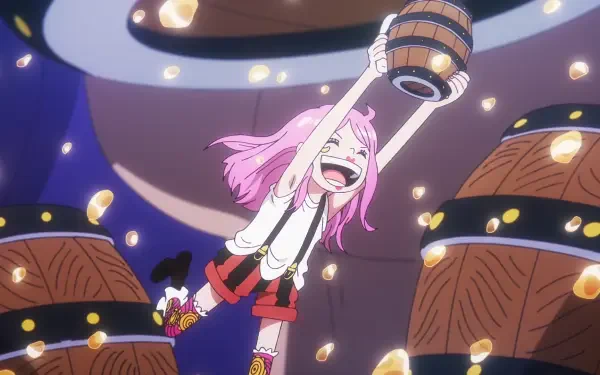 HD PC desktop wallpaper: Anime One Piece’s Jewelry Bonney with pink hair, joyfully hoisting a barrel amid floating barrels and scattered gold coins, vibrant colors and dynamic energy.