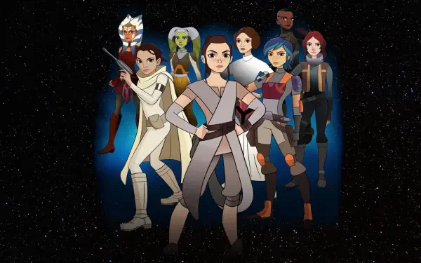 Star Wars: Forces of Destiny HD PC desktop wallpaper — animated heroes stand united in a V-formation against a starfield backdrop.