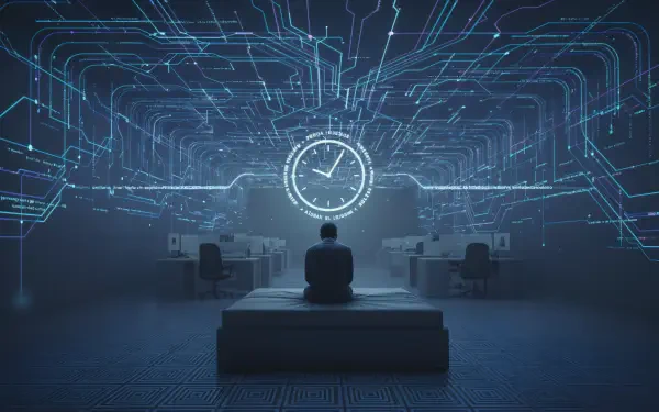 4K Ultra HD PC desktop wallpaper and background: lone figure sits on a bench in a dim data-hub under a glowing circuit-clock hologram, rows of workstations receding into mist.