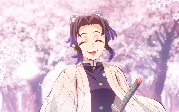 HD PC desktop wallpaper of Shinobu Kochou from Demon Slayer: Kimetsu no Yaiba, smiling beneath pink cherry blossoms while holding her sword.